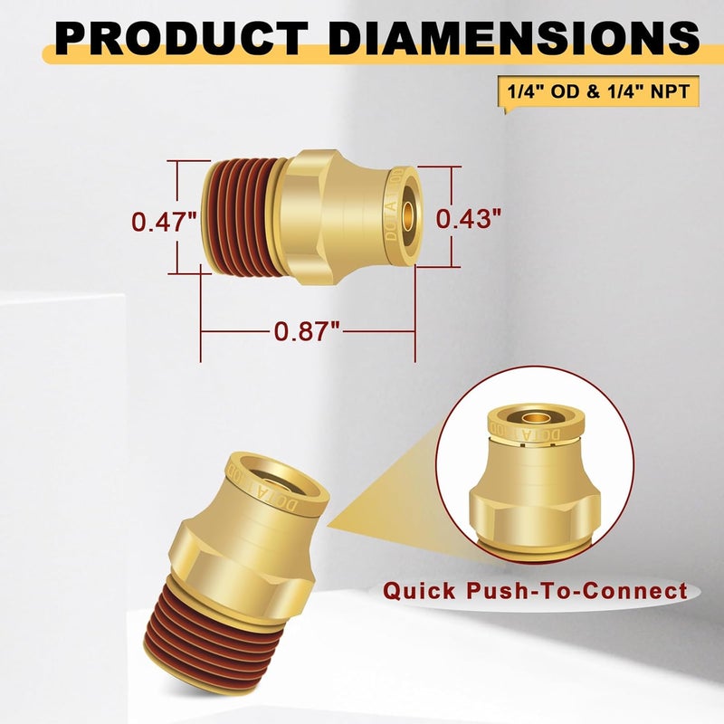 Siptenk 1/4" DOT Brass Push to Connect Air Line Fittings 5 PCS, 1/4" OD Tube x 1/4" NPT Thread Air Brake Line Quick Connect Fittings for Truck Trailers Industry Air System - Image 5